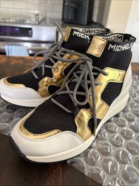Michael Kors Black, Gold and White Knit Wedge Sneakers
